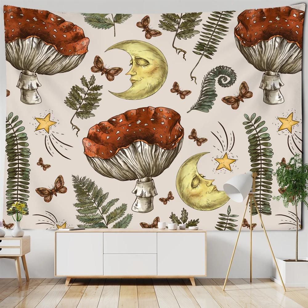 Vintage Magic Mushroom Tapestry Wall Hanging Witch Hand Mural Botanical Mystery Boho Hippie Home Decor