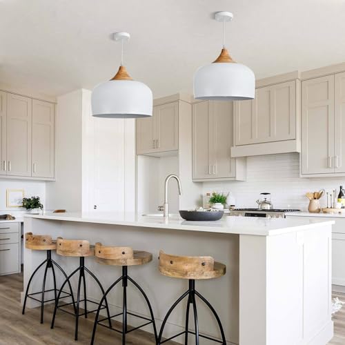 Modern Solid Wood Pendant Light with Dome Metal Shade - 11.8 Inch White Adjustable Hanging Fixture for Kitchen Island Dining Room Bedroom Hallway