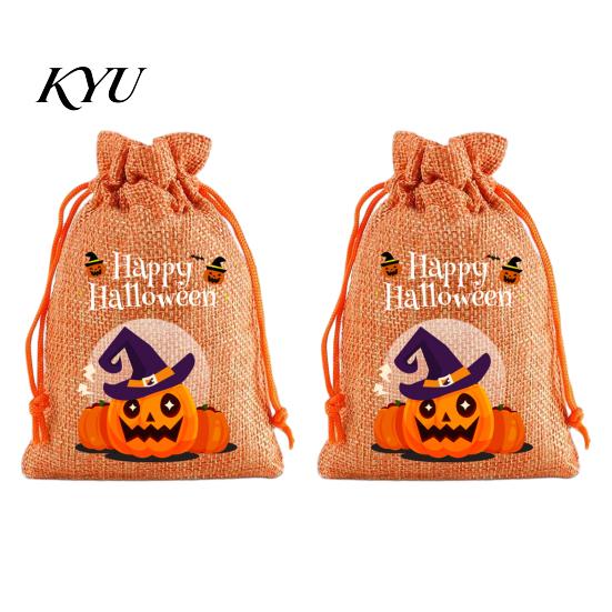 Lightweight Candy Carriers 2Pcs Halloween Pumpkin Drawstring Bags for Treats, Retro Burlap Pattern Party Favors Trick or Treat Bags, Portable