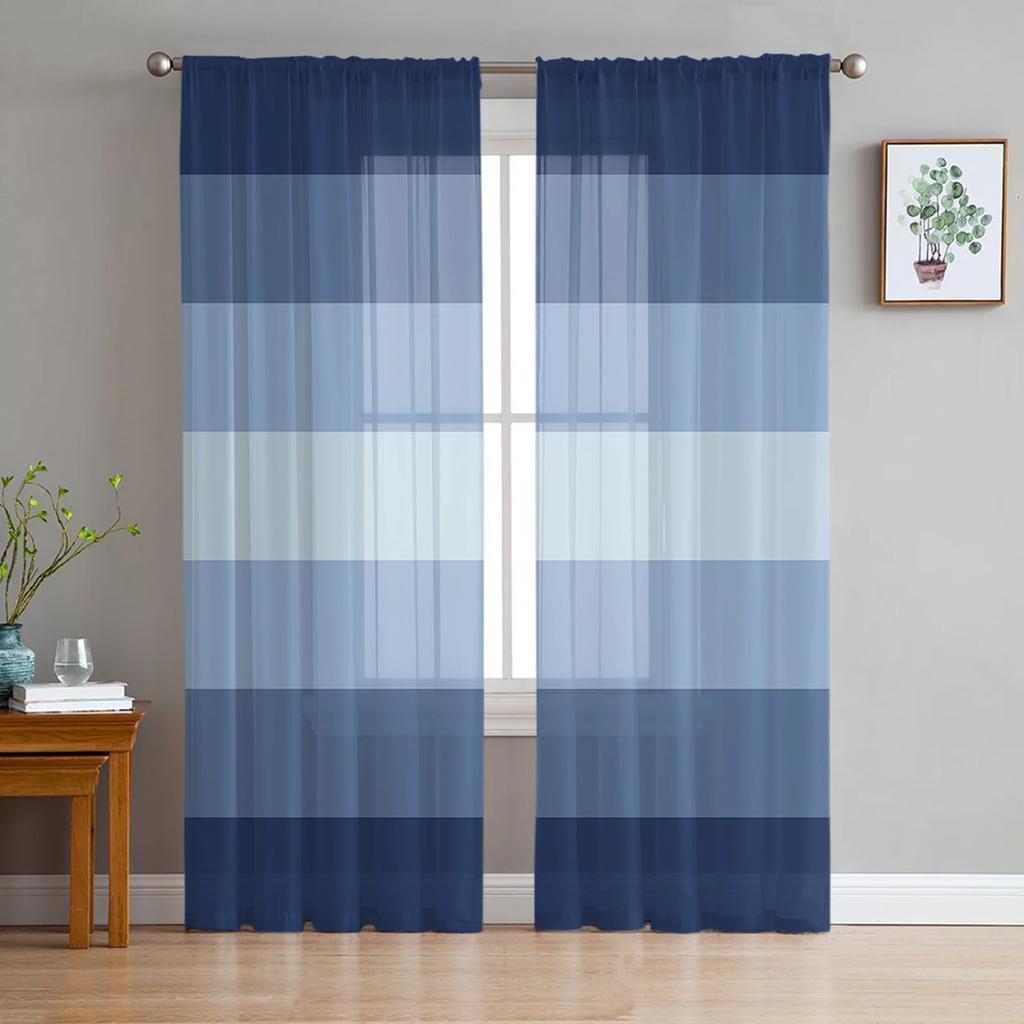 Navy Blue White Stripes Tulle Curtains For Living Room Bedroom Kitchen Decoration Chiffon Window Treatments Voile Sheer Curtain