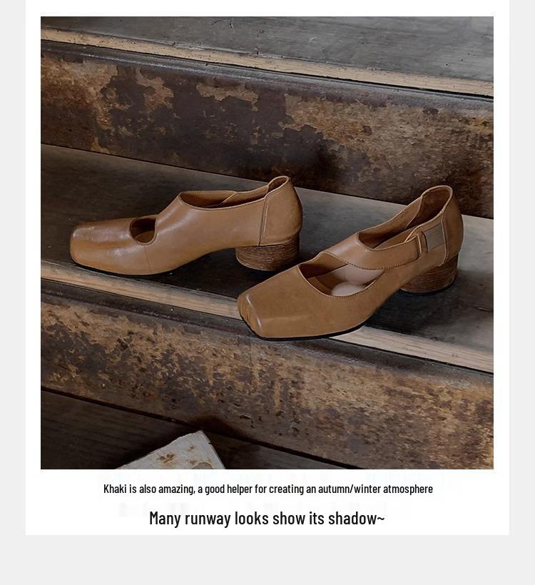 Grape Mom Studio Kadınlar için Yüksek Kaliteli At Derisi Kare Burun Kalın Topuk Deri Loafer - Sonbahar Stili