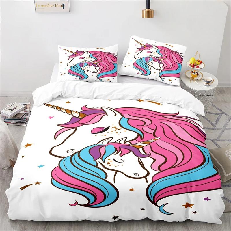 Unicorn Duvet Cover Pink Cartoon Unicorn Animals Romantic Theme Polyester ValentineS Day Gift For Children Girls Boy Room Decor