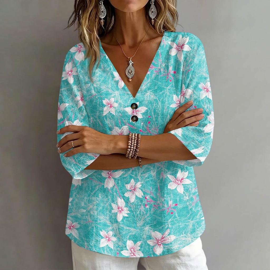 Women's V-Neck Short Sleeve T-Shirt, Vintage Floral Print Loose Fit Casual Cotton-Linen Top
