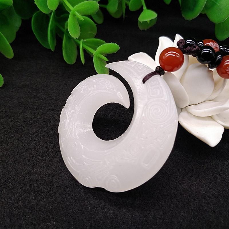 Antique Afghan White Jade Universe Good Luck Pendant with Recurrent Pattern Sweater Chain