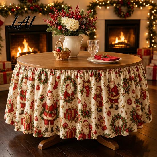 Festive Table Decor for Winter Events Christmas Skirt 70.9×29.5 Inch Round Cloth Vintage Snowy Snowman Decorations Scene Gnome Print Cover