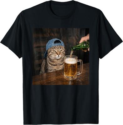Funny Cat Drinking Beer Hat Graphic Unimpressed Tabby T-Shirt