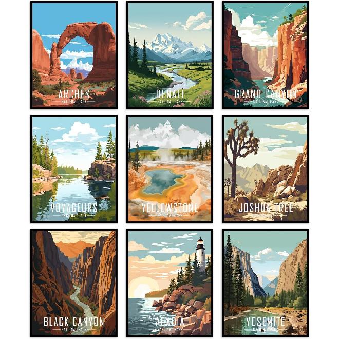 Nilem Design Retro National Park Posters Set of 9 – 8x10 Illustrated Wall Art Prints – Unframed Vintage-Style Nature Decor for Living Room,