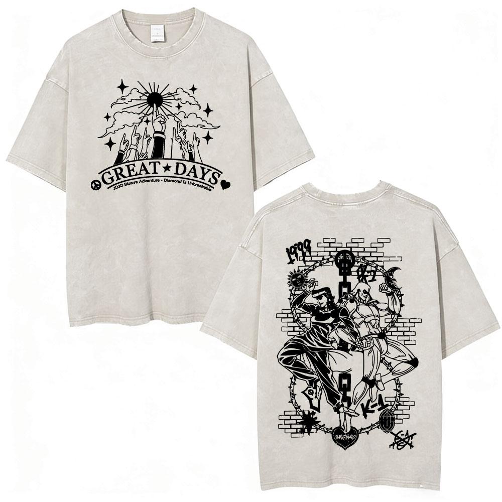 Anime JoJo Bizarre Adventure Jotaro Kujo Vintage Acid Washed T Shirts Men Women Cotton Casual Short Sleeves Tshirts Streetwear