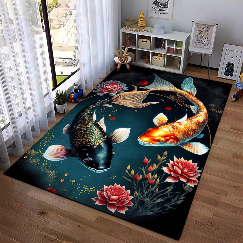 Koi Fish and Lotus Floral Pattern Carpet for Living Room Decor Suitable for use as an anti-slip for living room bedroom sofas