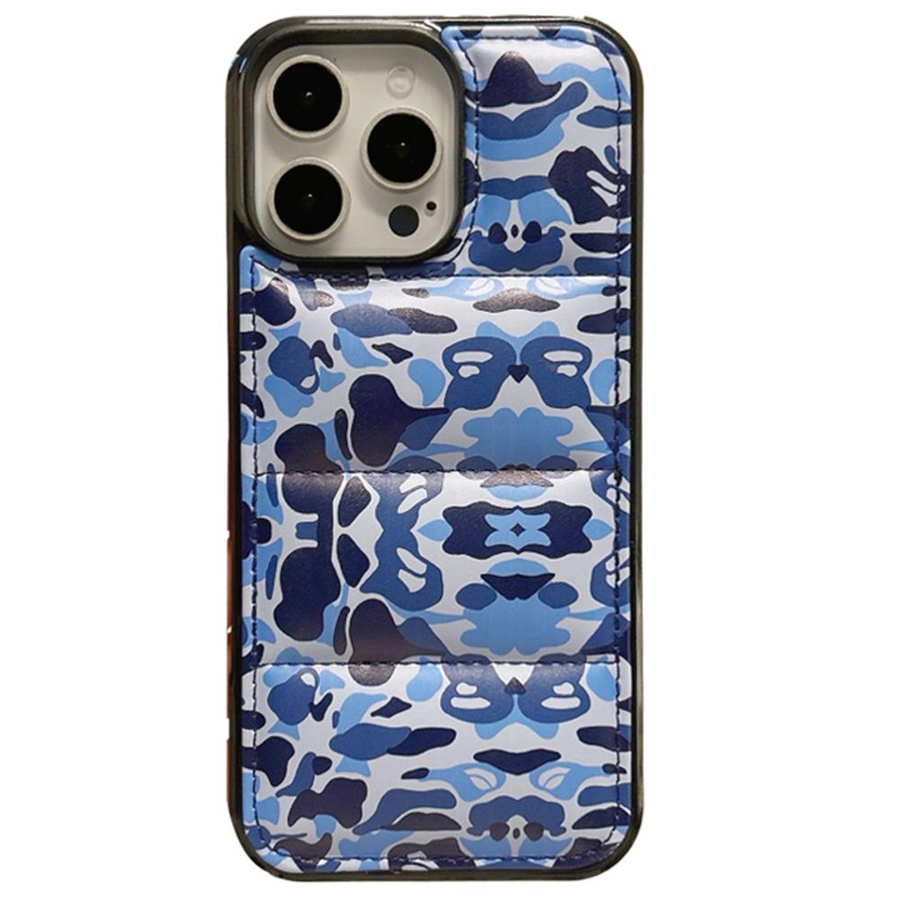 

For iPhone 15 Pro Case Camo Puffer Jacket Leather+TPU Back Cover Drop Protection Blue