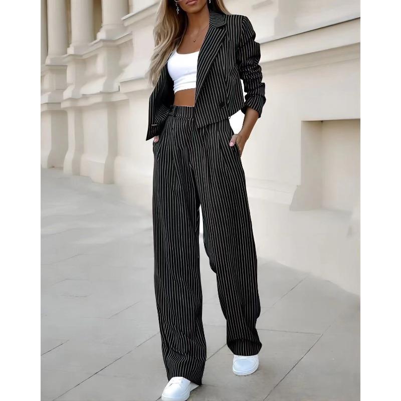 YYFS Women's Fashion Casual Spring Autumn Stripe Print Long Sleeve POLO Neck Trousers Pants Suits