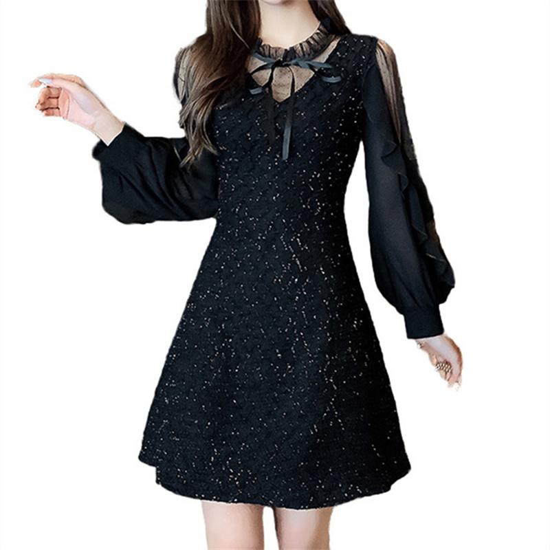 Long Sleeve Dresses Women Black Lace Patchwork Casual Office Ladies Elegant Slim Party Spring Vestidoes Chic Mid-Calf Vintage