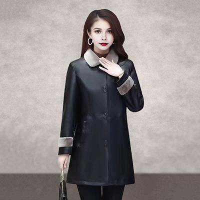 Winterjacke für Damen, glattes Kunstleder, pelziger Umlegekragen, Übergröße, winddichte Oberbekleidung, lange Ärmel, einreihig, mittellange Taschen, verdickt