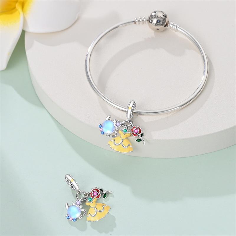 100%Stering Copper Princess Rose Charms Bead Love Yellow Skirt Pendant Fit Original Bracelet Diy For Women Jewelry