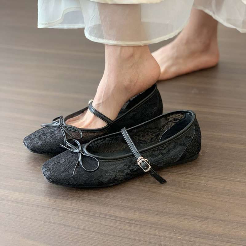 Flat bottom gentle bow fairy white mesh one word with ballet shoes female summer Mary Jane new single shoes