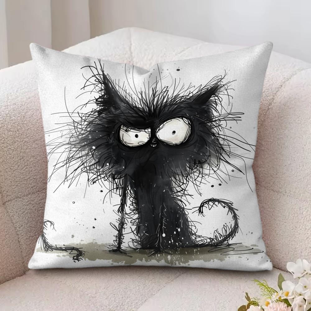 Whimsical Cat Art Cushion Cover Silky Short Plush Invisible Zipper Dustproof Sofa Pillow Case For Home Decor