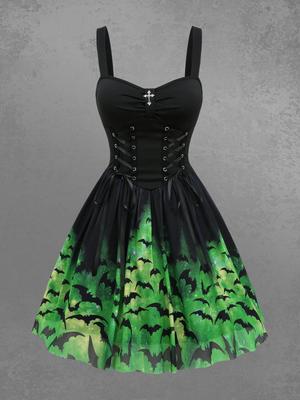 Rosegal Gotické Tie Dye Ombre Šaty bez rukávů A-linie s potiskem netopýrů, síťovinou, šněrováním a řasením