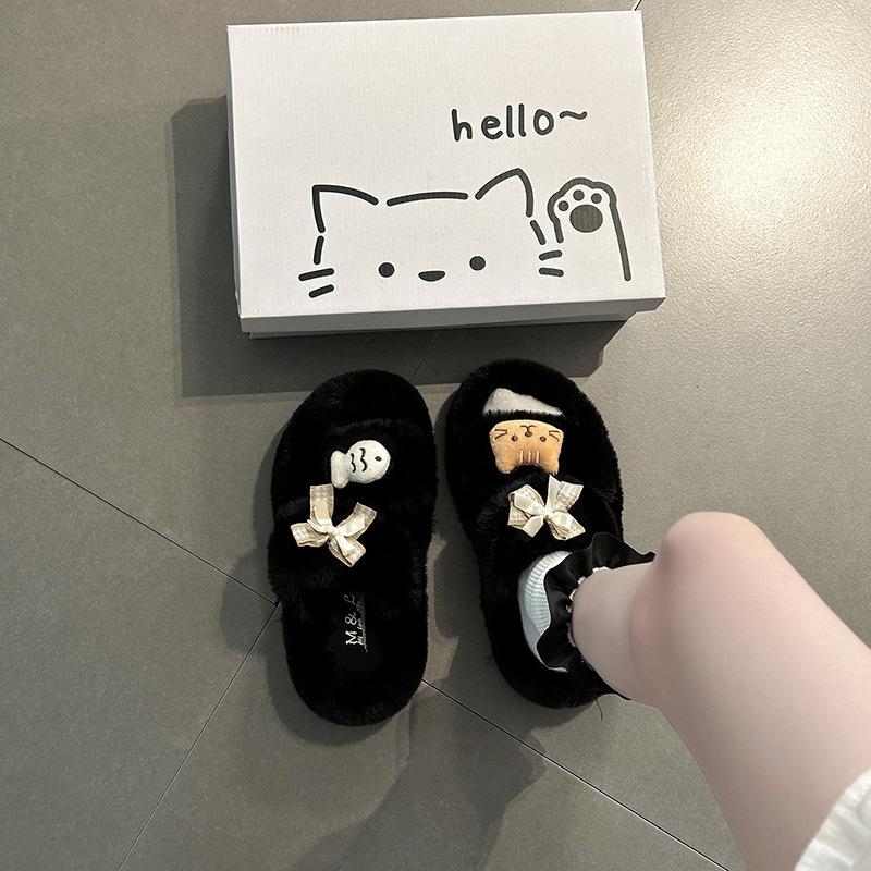 Vielseitige lässige flauschige Hausschuhe für Damen Herbst und Winter 2025 Cartoon niedliche Katze und Fisch warme dicksohlige Baumwollhausschuhe