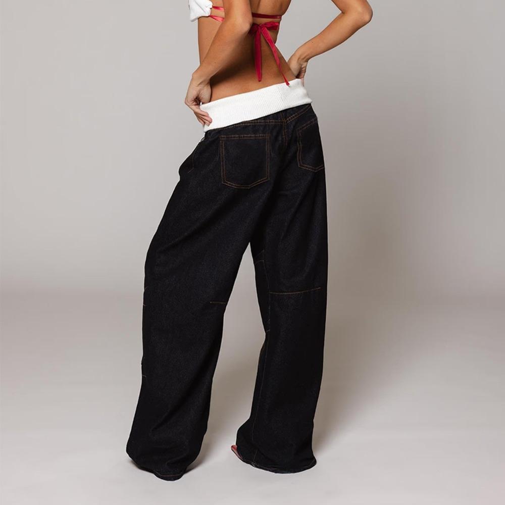 Women's Mid Rise Flare Jeans Loose Streetwear Patchwork Sand Washed Stretch Denim Trousers