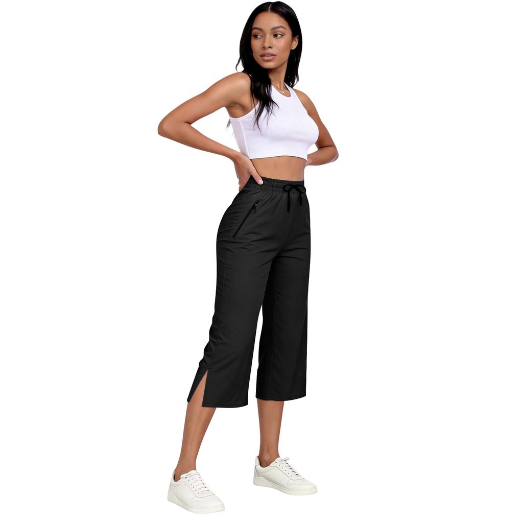 Women Drawstring Elastic Waist Capris Pants with Side Pockets Loose Fit Lightweight Cropped Trousers for Daily Wear