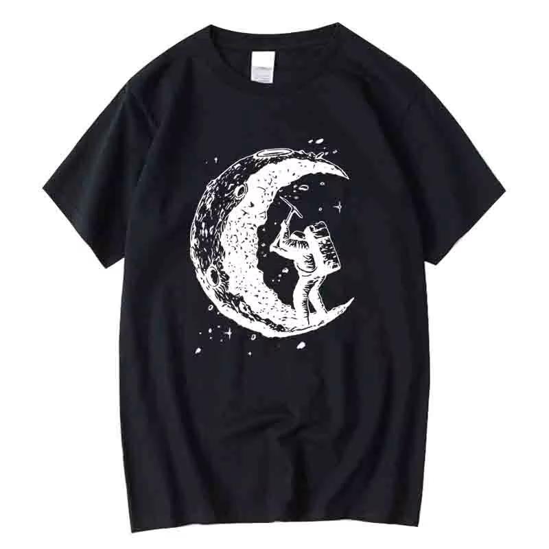 Hot Men High Quality Cotton Moon Print Casual Summer Cool Short Sleeve Women T-shirt Loose T-shirt High Quality Tee Vintage Top
