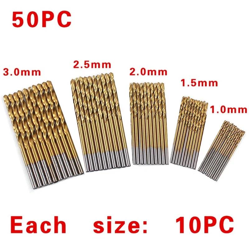 50Pcs 1/1.5/2/2.5/3mm Twist Drill Set Anti-rust Wear Protection High Speed Steel Titanium Coated Drill Bit Landin Drill Bit Set