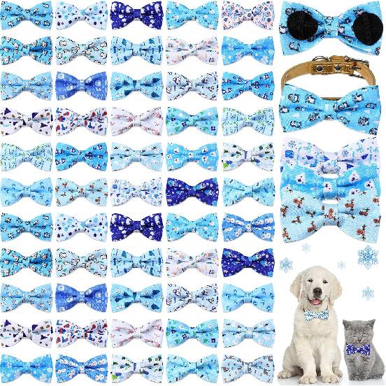 Sanwuta 60 Pcs Winter Collar Dog Bow Ties Bulk Dog Bowtie Accessories Puppy Bows Detachable Attachment Charms for Small Medium Large Dogs Cat Bows