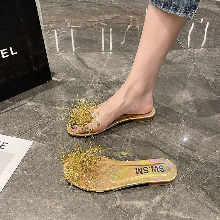 [Armano] Baotou Semi-slippers Women's Summer Wear Flat-bottomed Rhinestone Bows Transparent Soft-bottomed Fish Mouth Cool Slippers