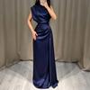 Women's Satin Round Neck Long Pleated Waist Dress for Evening Party