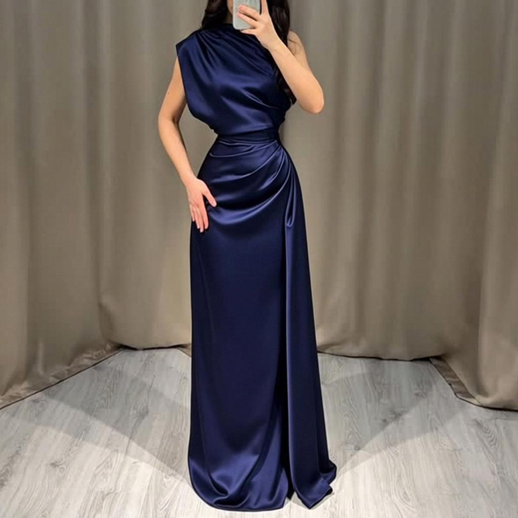 Women's Satin Round Neck Long Pleated Waist Dress for Evening Party