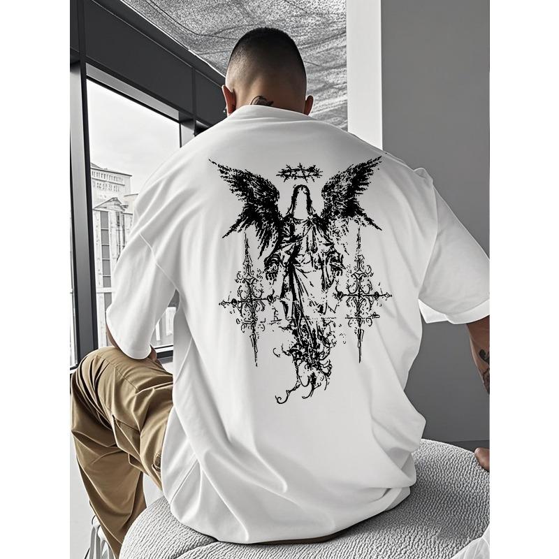 European Size Casual Angel Cross Print Short Sleeve T-Shirt for Men,Loose Fit, Crew Neck, Slight Stretch Fabric, Perfect for Summer