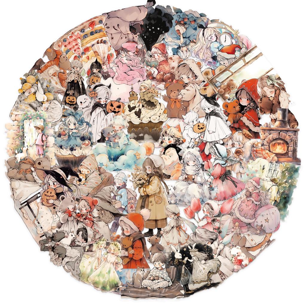 52 Transparent Cartoon Watercolor Fairy Tale Sticker Pack Waterproof Transparent PET Hand Account Decorative Guitar Notebook