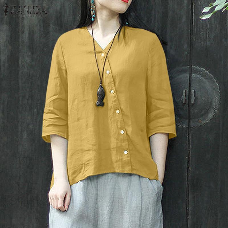 

ZANZEA Женская хлопковая летняя блузка с v-образным вырезом и рукавами 3/4