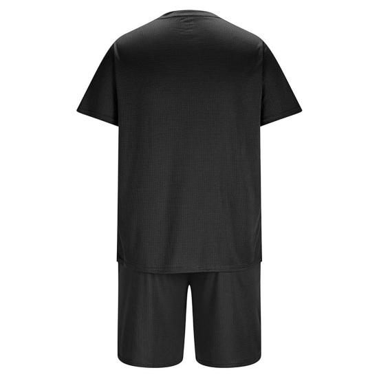 2Pcs/Set Men Sports Suit O-Neck Short Sleeve T-shirt Elastic Waist Wide Leg Shorts Set Solid Color Waffle Fabric Sportswear