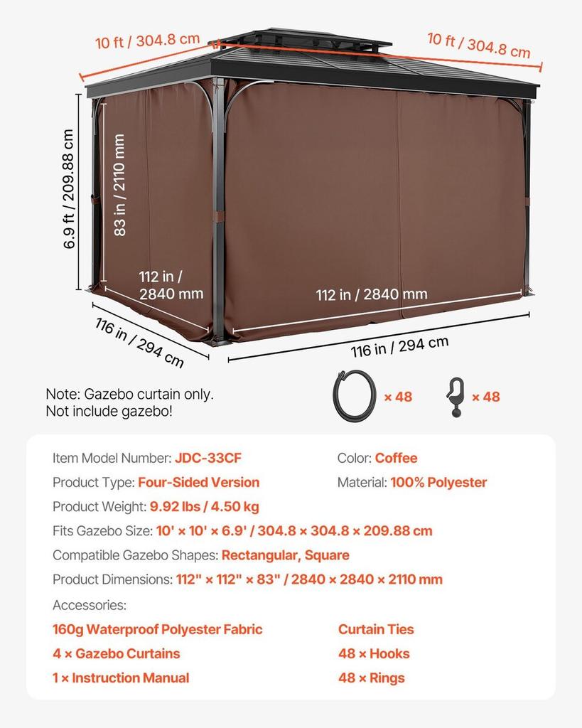 Gazebo Privacy Curtain 10' x 10' x 6.9' Waterproof Gazebo Curtains Coffee