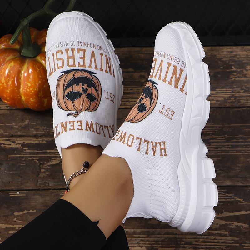 Halloween Style Platform Sneakers Women Breathable Knitted Soft Sports Shoes Ladies Comfort Flat Heels Non-Slip Casual Shoes