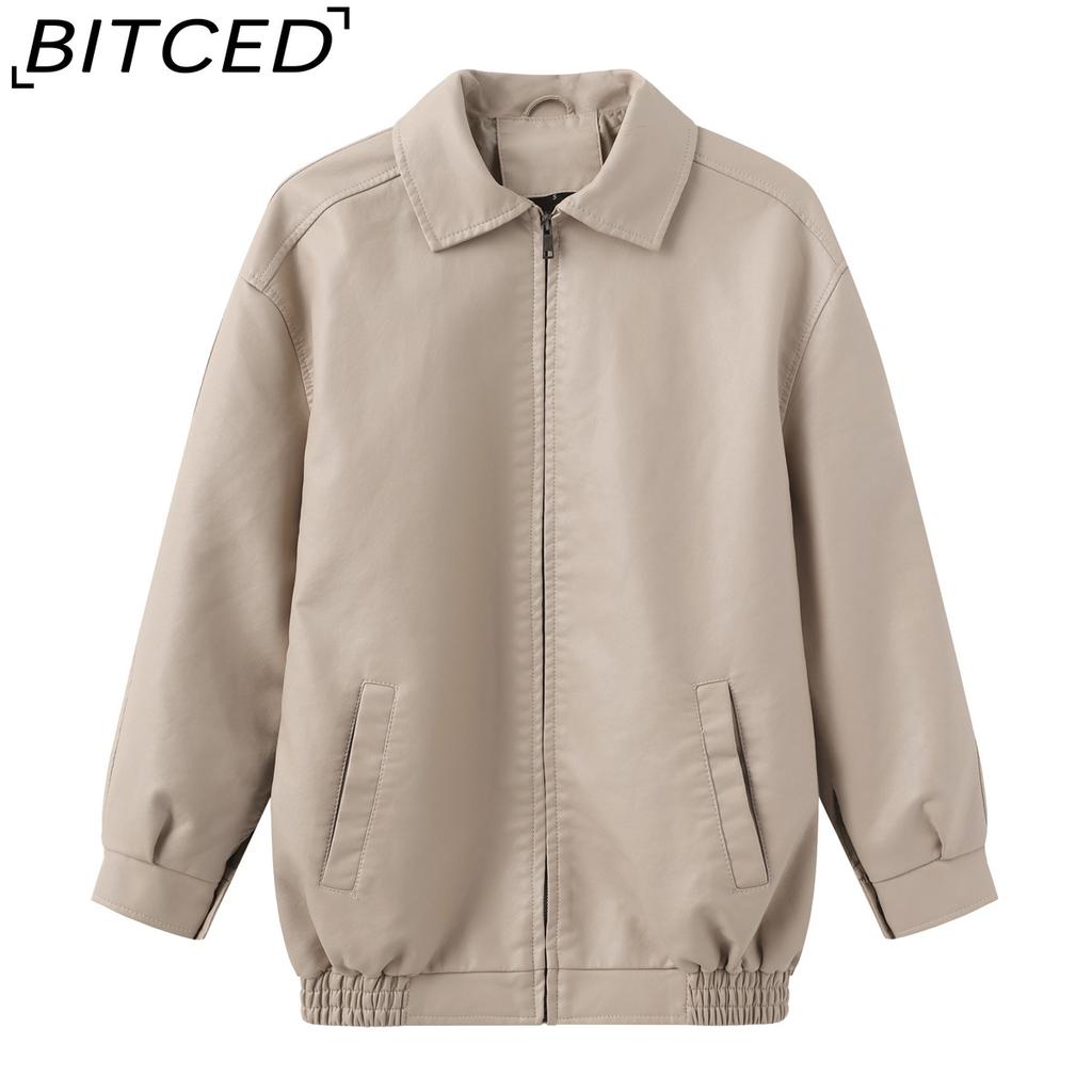 BITCED Fashionable Oversized Leather Jacket for Women Long-Sleeve Collared Spring/Fall Coat