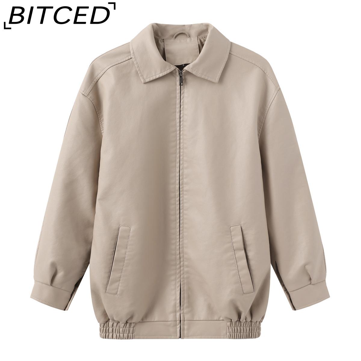 

BITCED Fashionable Oversized Leather Jacket for Women Long-Sleeve Collared Spring/Fall Coat XXL бежевый