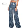 Women Trousers Wide Leg with Hot Stamping Design Glossy Pants Long Clubs Performances Zipper Closure Glitter Shiny Fabric Statement