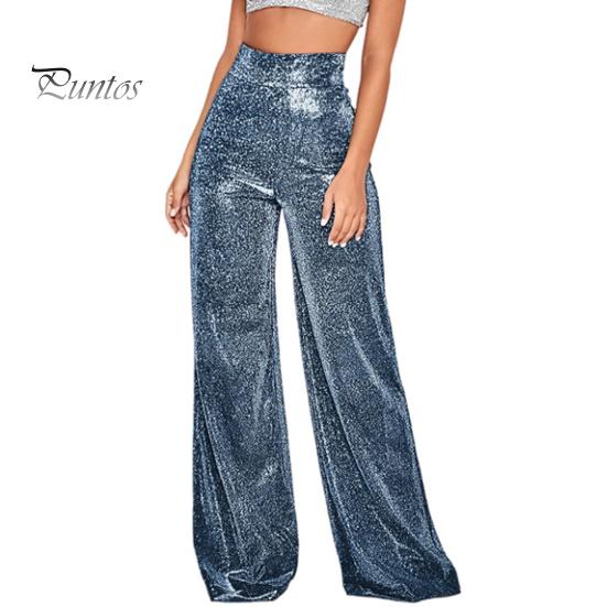 Women Trousers Wide Leg with Hot Stamping Design Glossy Pants Long Clubs Performances Zipper Closure Glitter Shiny Fabric Statement