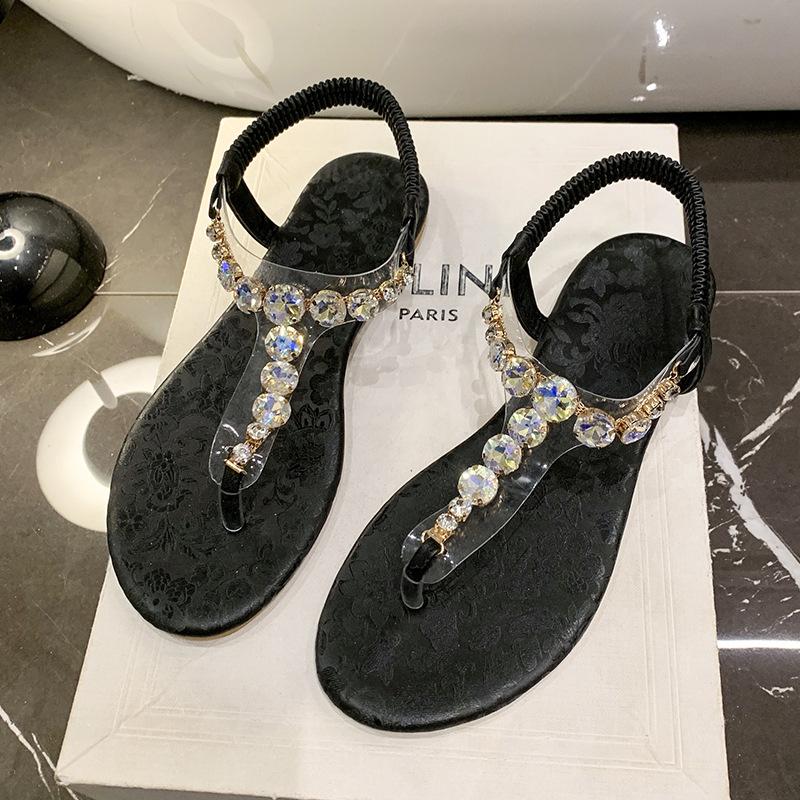 

Сандалии с носками Foreign Trade женские летние 2025 новые повседневные пляжные сандалии с плоской подошвой и эластичной резинкой со стразами для женщин 43 чёрный