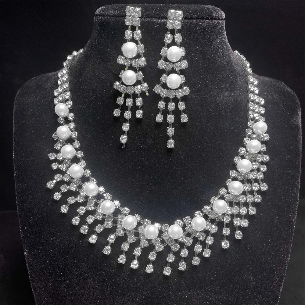 Bridal Circle Rhinestone Pearl Set Chain Wedding Dress Accessories Water Drop Earrings Necklace Set