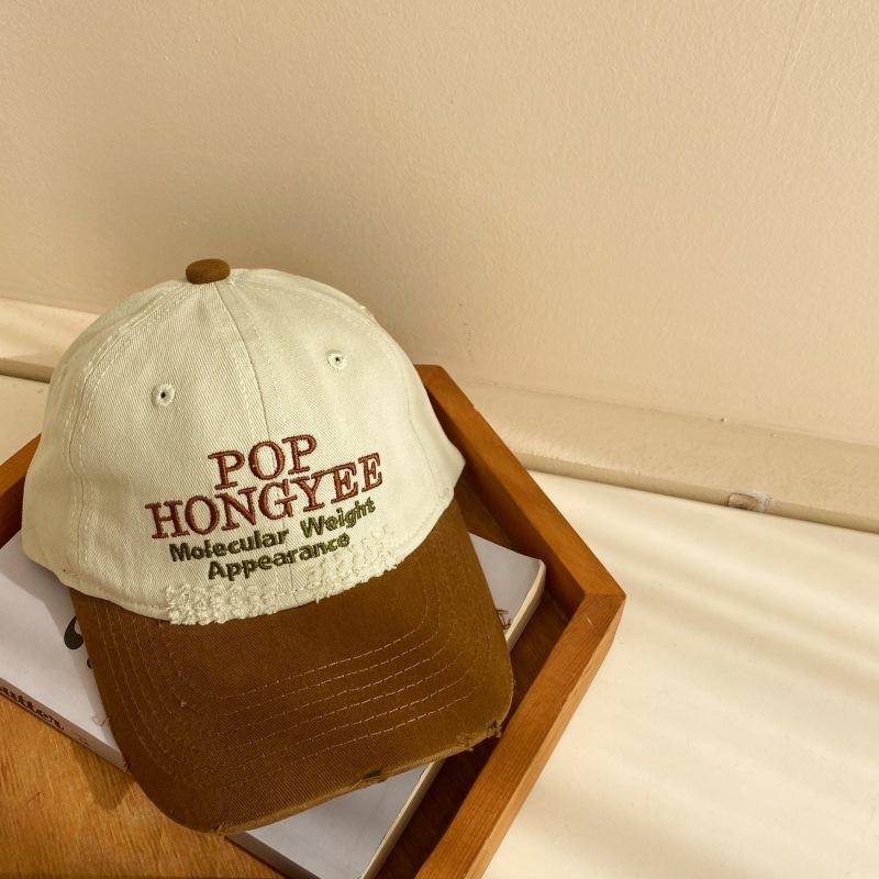 Children's American Retro Ripped and Fashionable Letter Embroidery Color blocking Bay Brim Spring and Autumn Soft Top Hat Casual Baseball Hat