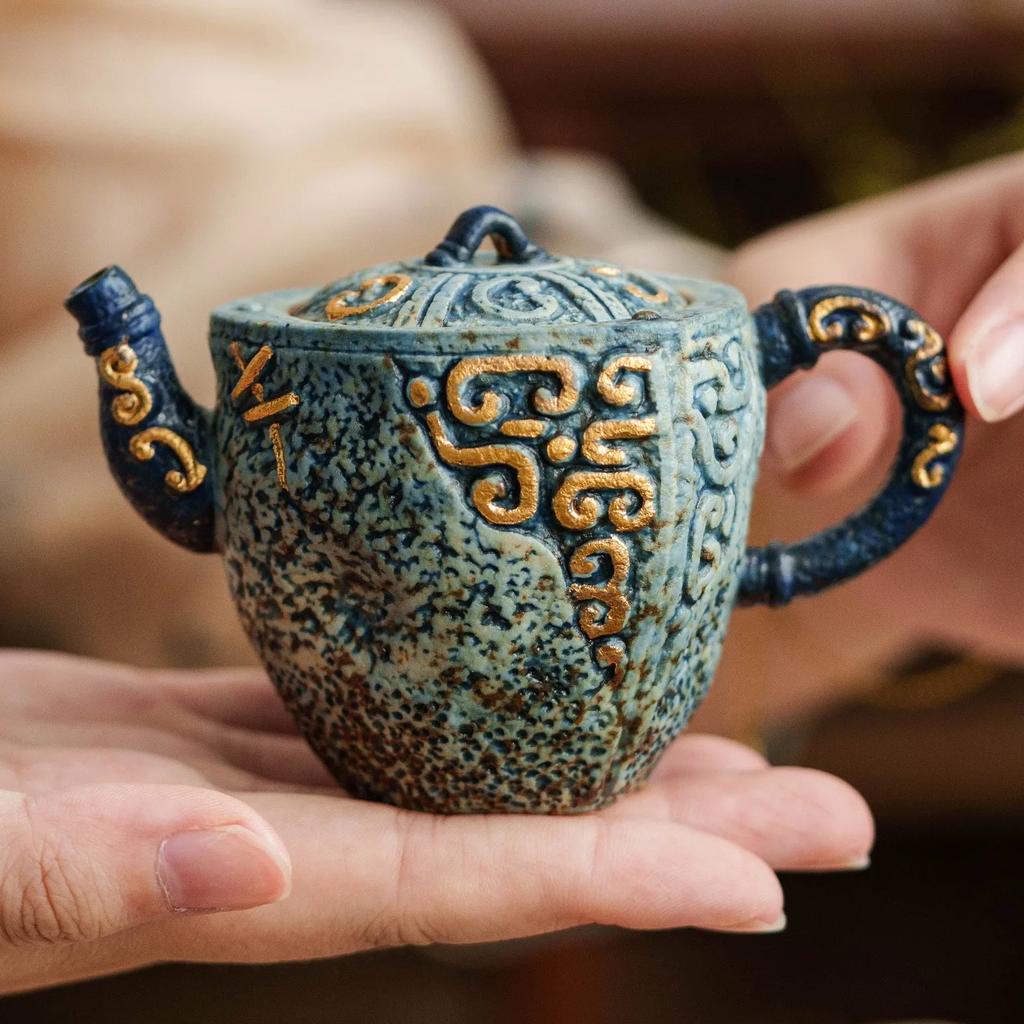110ML Gray-blue Flint Red Sprinkled Gold Relief Teapot Ceramic Tea Making Utensils Small Teapot for One Person Office Decoration