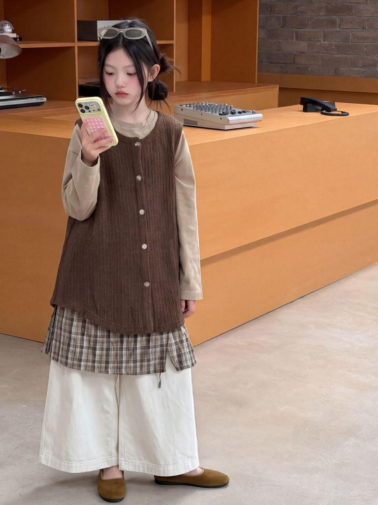 Girls' Korean Style Autumn Set: Vest with Plaid Ruffle, Wide-Leg Pants, Three-Piece 2026