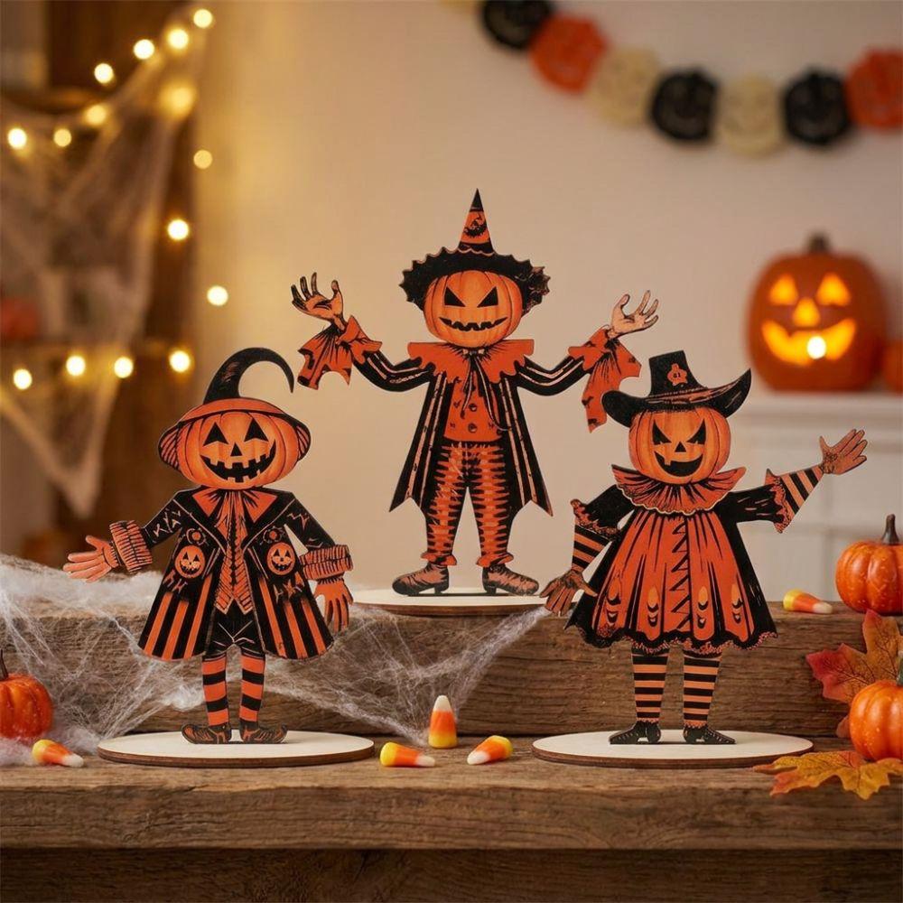 3Pcs Wooden Halloween Pumpkin Ornament Vintage Print 2D Flat Pumpkin Scarecrow Party Sign Striped Outfit Polished Surface Safe