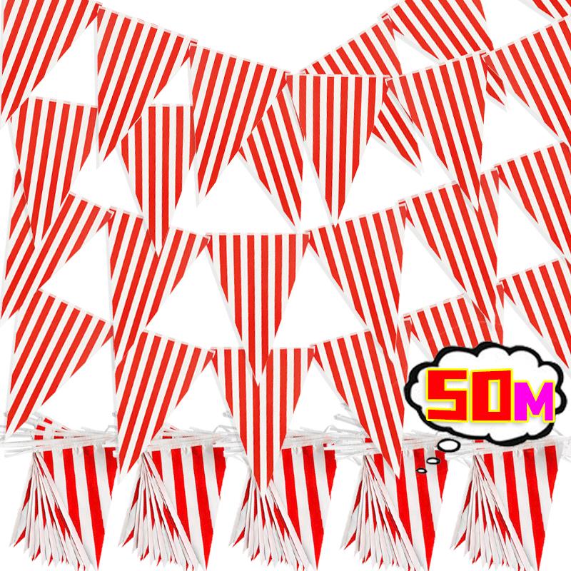 10/50M Red White Striped Pennant Triangle Flag  Carnival Theme Parties Banner Birthday Decoration Bunting Hanging Decor Supplies