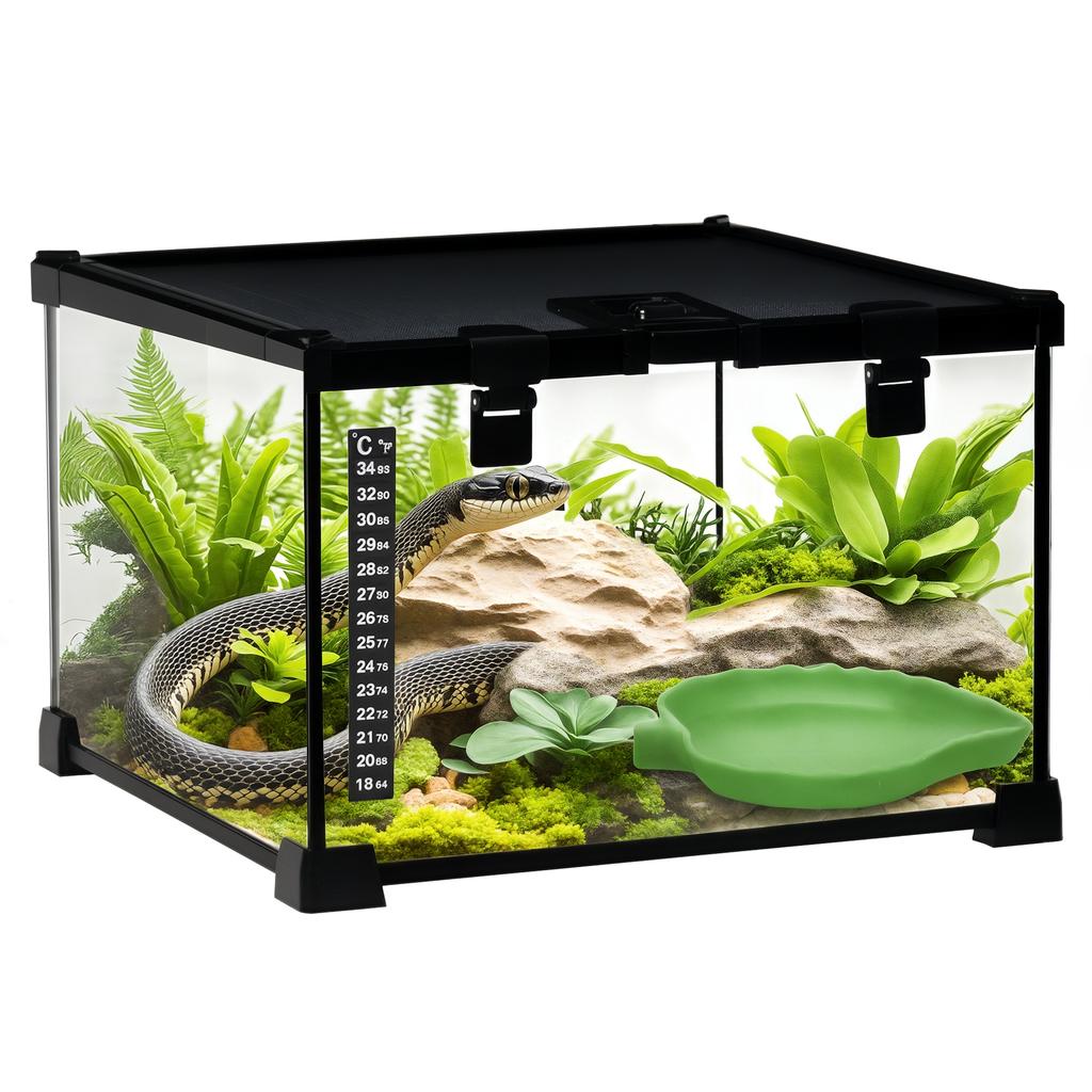Reptile Terrarium, Transparent Habitat, Sliding Metal Mesh Lid, 30 x 30 x 20 cm, Black