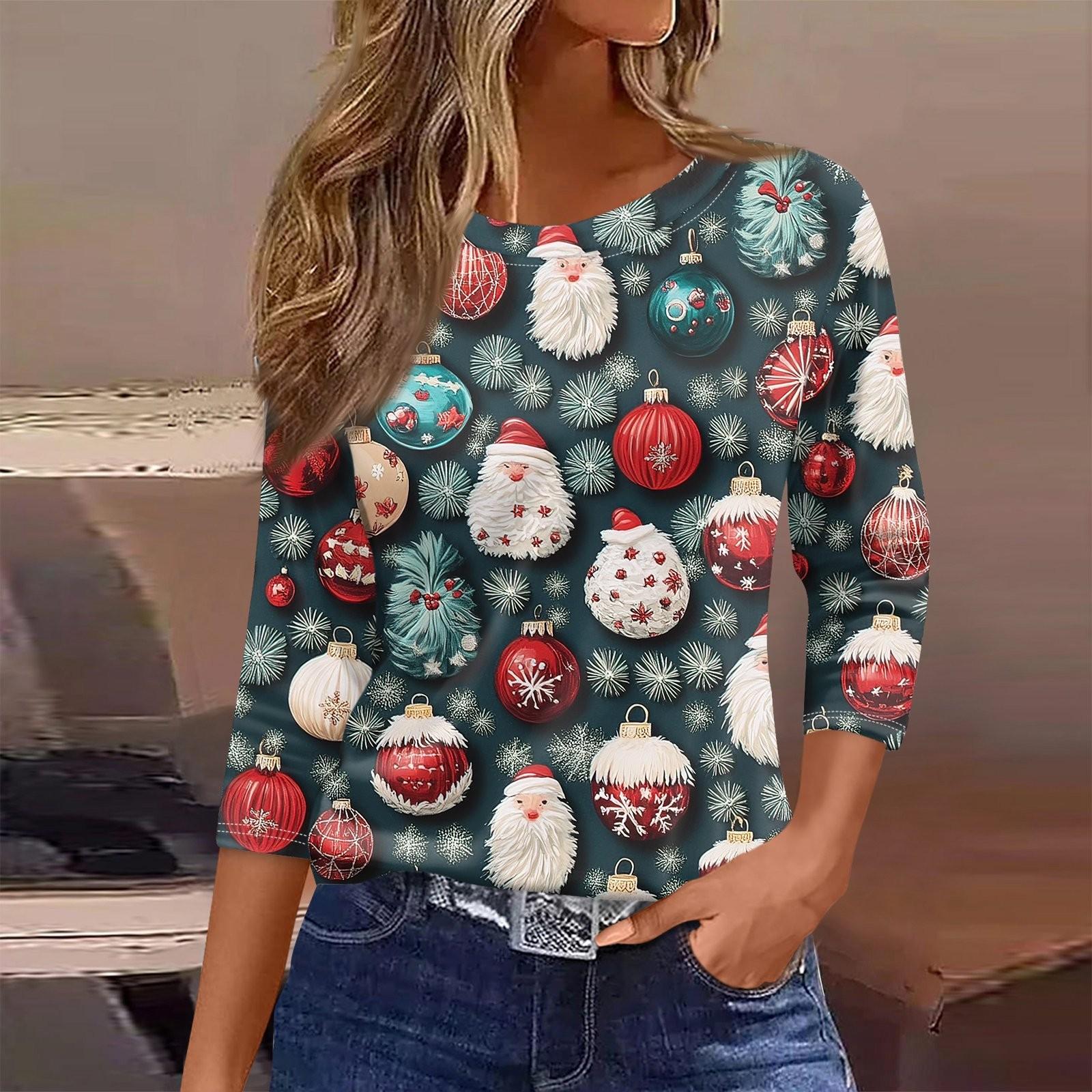 

Женская футболка с рождественским принтом, рукав 3/4, повседневная, модная, на выходные, базовая, с круглым вырезом, стандартный топ L тёмно-синий