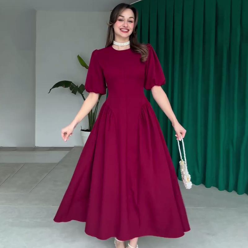2025 Summer Puff Sleeve Tie-Up Dress: Cute & Versatile Solid Color for Women